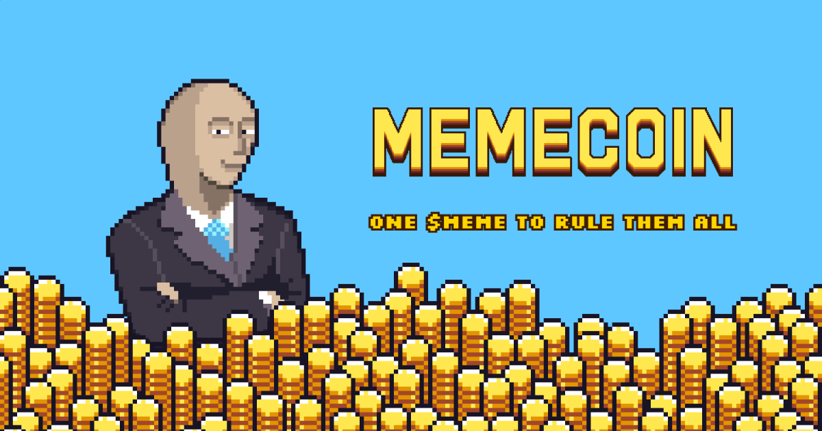 Pixel-art businessman behind coins beneath MEMECOIN title